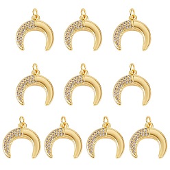 Clear 10Pcs Rack Plating Brass Micro Pave Cubic Zirconia Pendants, Real 18K Gold Plated, Long-Lasting Plated, Double Horn/Crescent Moon, Clear, 17x17x3mm, Jump Ring: 5x0.8mm, 3.4mm Inner Diameter