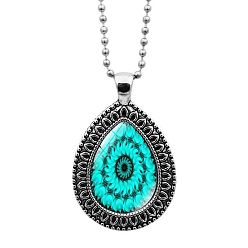 Dark Turquoise Glass Teardrop with Mandala Flower Pendant Necklace with Ball Chains, Platinum Alloy Jewelry for Women, Dark Turquoise, 23.62 inch(60cm)