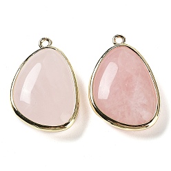 Rose Quartz Natural Rose Quartz Pendants, with Golden Plated Brass Edge Loops, Faceted, Triangle, 27x18x7.5mm, Hole: 1.6mm