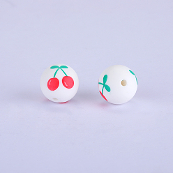 White Printed Round with Cherry Pattern Silicone Focal Beads, White, 15x15mm, Hole: 2mm