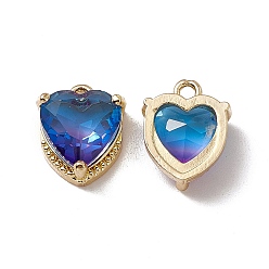 Sapphire Heart K9 Glass Charms, Faceted, with Light Gold Tone Brass Findings, Sapphire, 13x10.5x5mm, Hole: 1.6mm