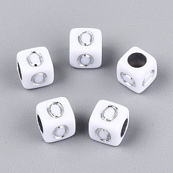 Letter O Акриловые бусины, горизонтальное отверстие, металлическое покрытие, кубические, белые, Письмо O, 6x6x6 мм, отверстие : 3.5 мм, 2600 шт / 500 г