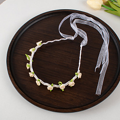 White rose pearl ribbon headband Spring Fairy White Rose Pearl Headband Ribbon Hairband - Country Style Hair Accessories