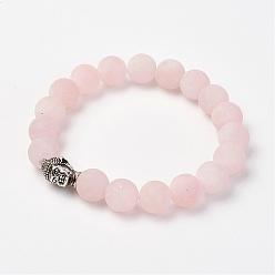 Rose Quartz Frosted Natural Rose Quartz Beads Stretch Bracelets, with Alloy Buddha Head Beads, Round, Burlap Packing, 2-1/8 inch(53mm)