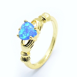 Golden Synthetic Opal Finger Rings, with Cubic Zirconia and Brass Findings, Long-Lasting Plated, Irish Heart, Size 7, Dodger Blue, Golden, 17mm