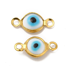 White Ion Plating(IP) 304 Stainless Steel Connector Charms, Flat Round Links with Evil Eye Pattern, with Glass Enamel, Real 18K Gold Plated, White, 13x6.5x2.5mm, Hole: 1.5mm