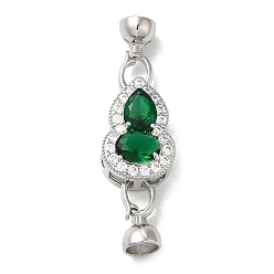 Platinum Rack Plating Brass Micro Pave Clear Cubic Zirconia Fold Over Clasps, with Green Glass, Cadmium Free & Lead Free, Long-Lasting Plated, Gourd, Platinum, Gourd: 20x13.5x9mm, Clasp: 15x7x7mm, Inner Diameter: 5.5mm
