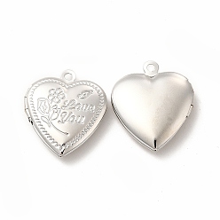 Platinum Brass Locket Pendants, Photo Frame Charms for Necklaces, Long-Lasting Plated, Heart with Flower & Word Love You Charm, Platinum, 22.5x19.5x5.5mm, Hole: 1.8mm