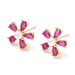 Фуксиновый Цветок латунь кубического циркония серьги стержня, с пластмассовой жемчужиной abs, без кадмия и без свинца, долговечный, стойки покрытие, реальный 18 k позолоченный, красно-фиолетовые, 13.5x14 мм