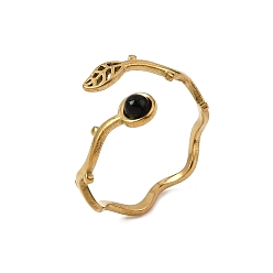 Black Onyx 304 Stainless Steel Cuff Open Rings for Women, Leaf, with Natural Black Onyx, Ion Plating(IP), Golden, 12mm, US Size 7 1/2(17.7mm)