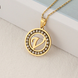 Letter V Crystal Rhinestone Initial Letter Pendant Necklace with Cable Chains, Stainless Steel Jewelry for Women, Golden, Letter.V, 15.75 inch(40cm)