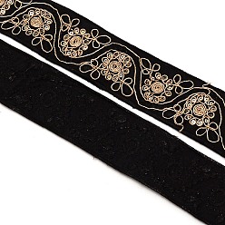 Black Ethnic Style Jacquard Polyester Ribbons, Floral Pattern, Black, 1-5/8 inch(40mm), about 10.00 Yards(9.14m)/Bundle