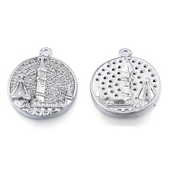 Real Platinum Plated Brass Micro Pave Clear Cubic Zirconia Pendants, Cadmium Free & Nickel Free & Lead Free, Flat Round with City, Real Platinum Plated, 17.5x15x3mm, Hole: 1.6mm