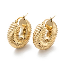 Real 24K Gold Plated Chunky Vintage Grooved Hoop Earrings for Women, 304 Stainless Steel Earrings, Round, Real 24K Gold Plated, 32x30x11mm, Pin: 0.8mm