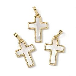 Настоящее золото 18K Подвески из латуни с натуральными белыми ракушками, крест прелести, долговечный, без свинца и без кадмия, стойки покрытие, реальный 18 k позолоченный, 22.5x14.5x2 мм, отверстие : 6x3.5 мм