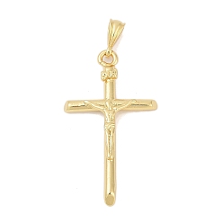 Настоящее золото 18K Латунные подвески, без кадмия и без свинца, крест распятие с подвесками в виде Иисуса, реальный 18 k позолоченный, 43.5x24.5x4 мм, отверстие : 5.5x3 мм