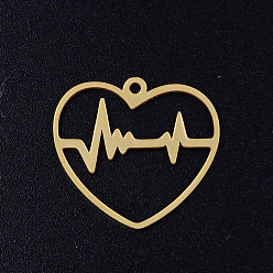 Golden 201 Stainless Steel Filigree Pendants, Heart with Heartbeat/ECG, Golden, 19.5x21.5x1mm, Hole: 1.4mm