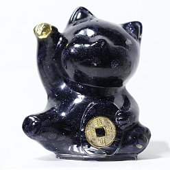 Blue Goldstone Synthetic Blue Goldstone Chip & Resin Craft Display Decorations, Lucky Cat Figurine, for Home Feng Shui Ornament, 63x55x45mm