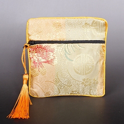 Amarillo Claro Bolsas cuadradas de borlas de tela de estilo chino, con la cremallera, Para la pulsera, Collar, amarillo claro, 11.5x11.5 cm