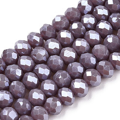 Rosy Brown Electroplate Glass Beads Strands, Pearl Luster Plated, Faceted, Rondelle, Rosy Brown, 4x3mm, Hole: 0.4mm, about 123~127pcs/strand, 16.5~16.9 inch(42~43cm)