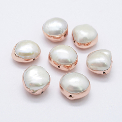 Rose Gold Natural Cultured Freshwater Pearl Beads, Potato, Edge Rose Gold Plated, 10~12x10~13x6~9mm, Hole: 0.5mm