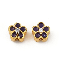 Фиолетовый Латунные прозрачные бусины из кубического циркония, с эмалью, цветок, матовый золотой цвет, фиолетовые, 5x5x5 мм, отверстие : 1 мм