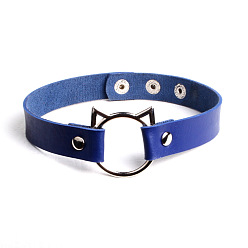 Blue Cute Cat Head PU Leather Collar for Punk Fashion Street Style with Lock and Clavicle Chain Jewelry