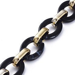 Black Handmade CCB Plastic Cable Chains, with Acrylic Linking Rings, Golden, Black, Links: 24.2x18.2x4mm and 19x12x4.7mm, 39.37 inch(1m)/strand