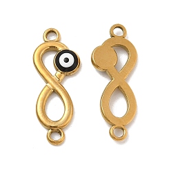 Black 201 Stainless Steel Enamel Connector Charms, Real 24K Gold Plated, Infinity Links with Evil Eye, Black, 24x9x2.5mm, Hole: 1.8mm