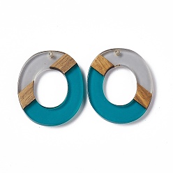 Teal Transparent Resin & Walnut Wood Pendants, Donut Charms, Teal, 38x32.5x3.5mm, Hole: 2mm