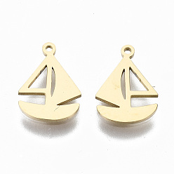 Real 14K Gold Plated 304 Stainless Steel Charms, Laser Cut, Sailboat, Real 14K Gold Plated, 10x7.5x1mm, Hole: 0.6mm