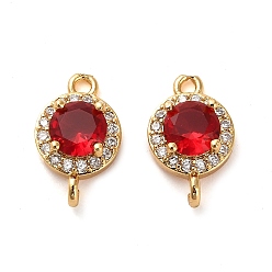 Red Brass Pave Cubic Zirconia Connector Charms, Flat Round Links, Real 18K Gold Plated, Red, 14.5x9x5mm, Hole: 1.5mm