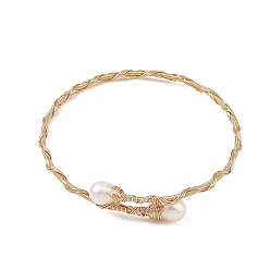 Golden Natural Cultured Freshwater Pearl Rice Wire Wrapped Brass Cuff Bangles for Women, White, Golden, Inner Diameter: 2.32 inch(5.9cm)