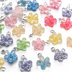 Mixed Color Epoxy Resin Pendants, with Sequins/Paillette and Platinum Plated Iron Loop, Faceted, Flower, Mixed Color, 16~17x12x6mm, Hole: 2mm