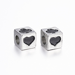 Antique Silver 304 Stainless Steel European Beads, Large Hole Beads, Cube with Poker, Antique Silver, 9x9x9mm, Hole: 5mm