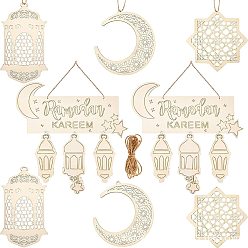 Blanched Almond Eid Mubarak Wooden Hanging Decorations, with Hemp Rope, for Ramadan Festival, Lantern & Moon & Star, Blanched Almond, 160~261x118~253x2mm, 8pcs/set