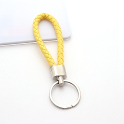 Yellow Handwoven Imitation Leather Keychain, with Metal Car Key Ring Chain Accessories Gift for Men and Women, Yellow, 122x30mm