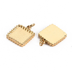 Real 14K Gold Plated 304 Stainless Steel Pendant Cabochon Settings, with Jump Rings, Square, Real 14K Gold Plated, Tray: 8x8mm, 12.5x10.5x2mm, Jump Ring: 3.8x0.5mm, 2.8mm inner diameter