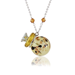 Champagne Yellow Round with Crown Lampwork Perfume Bottle Necklaces, with Titanium Steel Chains, Champagne Yellow, 23.62 inch(60cm), Capacity: 0.5ml(0.02fl. oz)