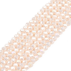Misty Rose Electroplate Opaque Solid Color Glass Beads Strands, Faceted, Rondelle, Misty Rose, 2.5x1.5mm, Hole: 0.8mm, about 160~165pcs/strand, 13.78 inch~14.17 inch(35~36cm)
