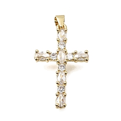 Clear Brass Pave Cubic Zirconia Pendants, Cross with Oval Charms, Long-Lasting Plated, Cadmium Free & Lead Free, Real 18K Gold Plated, Clear, 32.5x19.5x3.5mm, Hole: 4x3.5mm