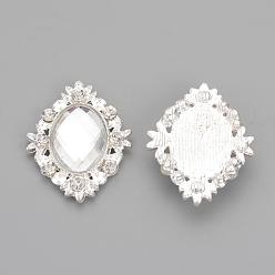 Clear Alloy Rhinestone Flat Back Cabochons, with Acrylic Rhinestone, Oval, Silver Color Plated, Clear, 32x25x4.5mm