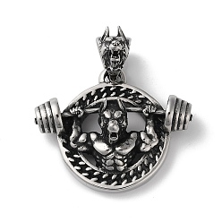 Antique Silver 304 Stainless Steel Pendants, Bodybuilding Barbell Wolf Head Charm, Antique Silver, 64x59x19mm, Hole: 14x11mm