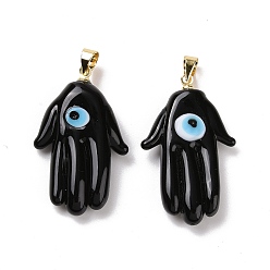 Black Handmade Lampwork Pendants, with Real 18K Gold Plated Brass Findings, Cadmium Free & Lead Free, Hamsa Hand/Hand of Miriam with Evil Eye, Black, 30x17x5.5mm, Hole: 5x3.5mm