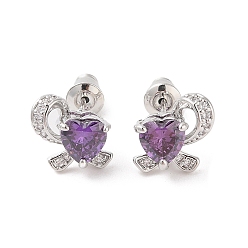 Фиолетовый Серьги-гвоздики из латуни с микропаве из кубического циркония, долговечный, цветок, платина, фиолетовые, 10x10.5 мм