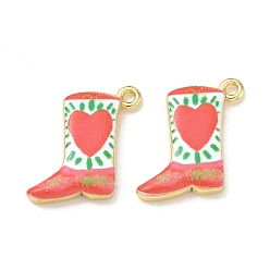 Red Printed Brass Pendants, Cowboy Boot with Heart Charms, Rack Plating, Long-Lasting Plated, Lead Free & Cadmium Free, Real 18K Gold Plated, Red, 19x15x3.5mm, Hole: 1.7mm