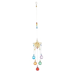 Golden Star Iron Colorful Chandelier Decor Hanging Prism Ornaments, with  Faceted Glass Prism, for Home Window Lighting Decoration, Golden, 440mm