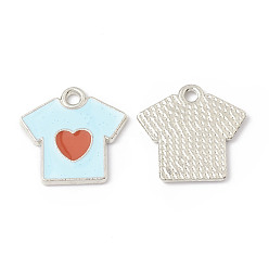 Cian Claro Colgantes de la aleación del esmalte, camiseta con estampado de corazón, Platino, cian claro, 16x16x1.2 mm, agujero: 1.7 mm