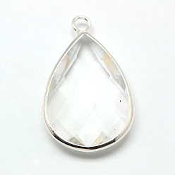 Clear Silver Color Plated Brass Glass Teardrop Pendants, Faceted, Clear, 22x13x5mm, Hole: 2mm