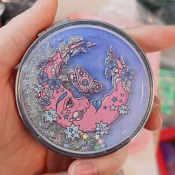 Moon Sequin Quicksand Plastic Foldable Mirrors, with Glass Mirror Surface, Round Compact Pocket Mirror for Wiccan, Moon, 7cm
